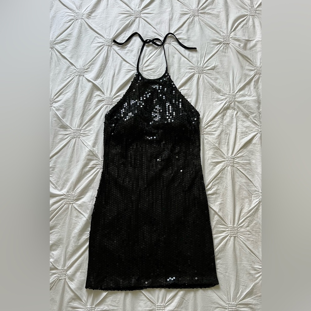 Bebe Black Sequin Halter Dress